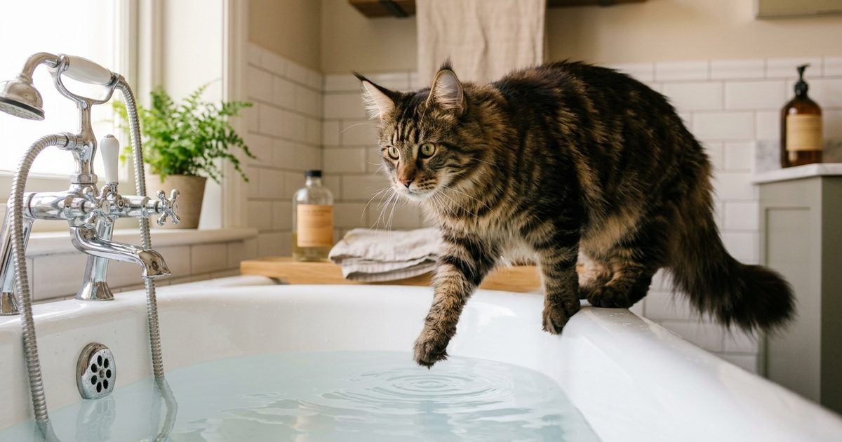 A large Maine Coon cat with long fluffy brown tabby fur and tufted ears standing at the edge of a white bathtub, one front paw hovering just above the water, wary but curious expression