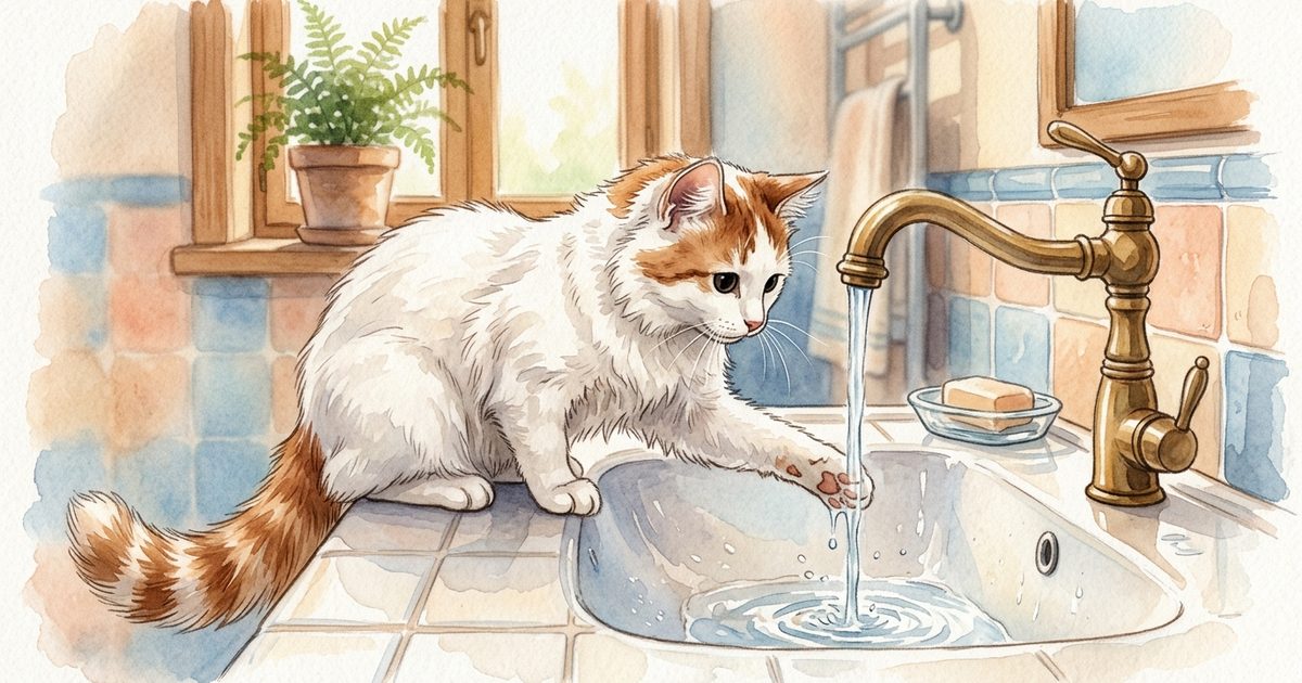 A Turkish Van cat with a snowy white coat and bold color patches dipping one paw into a stream of water from a sink faucet, body relaxed and curious