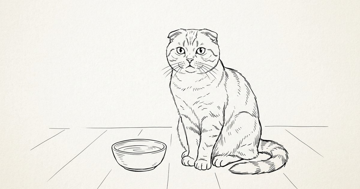 A Scottish Fold cat with distinctive folded-forward ears and a round calm face sitting composed and watchful beside a shallow bowl of water on the floor, minimalist sparse ink line-art sketch on a clean background