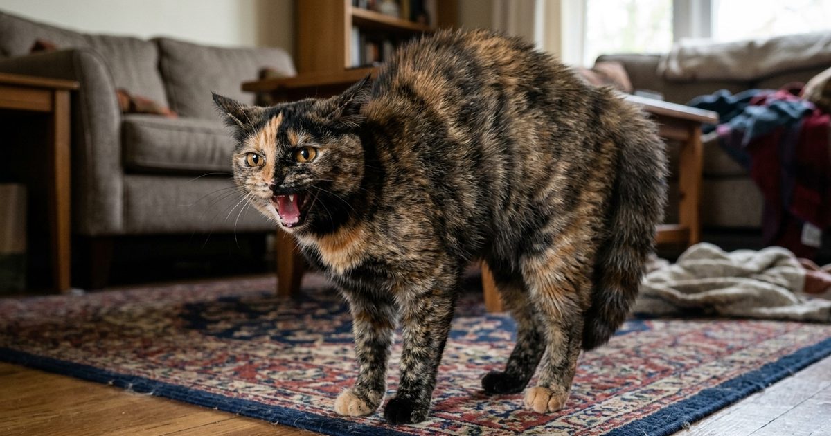 A tortoiseshell cat with mottled black and orange fur hissing with mouth open, ears flattened, fur puffed up, and wide eyes in a defensive posture against a neutral background