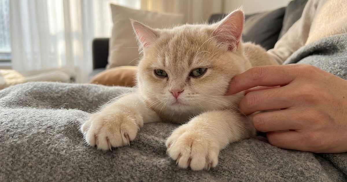 A cat peacefully kneading its owner's lap while the owner smiles, warm domestic scene conveying the trust and emotional bond behind the kneading behavior