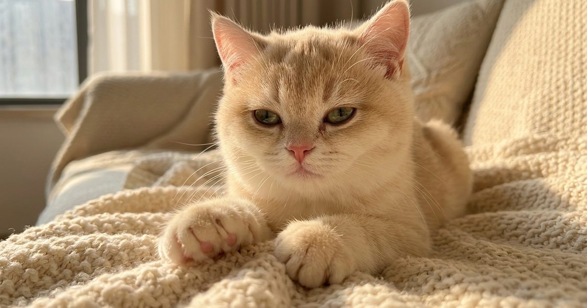 A golden British Shorthair cat kneading a soft cream blanket with eyes half-closed in contentment, warm afternoon light through a window