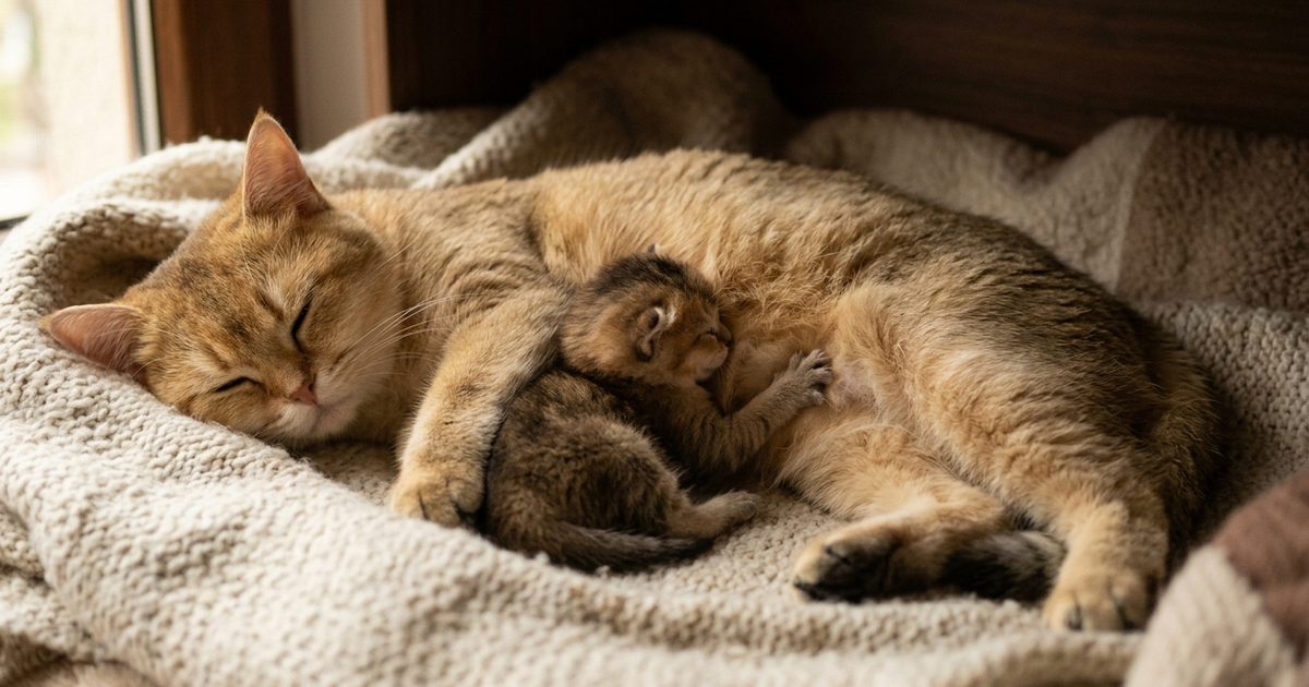 A small kitten kneading its mother's belly while nursing, soft warm lighting, intimate and tender scene illustrating the origin of the kneading instinct