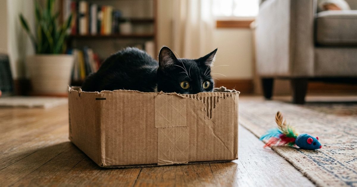 A tuxedo cat with a black coat and white chest, paws, and whiskers crouched low inside a cardboard box, peeking just its eyes and ears over the edge while stalking a toy on the floor with alert hunting focus