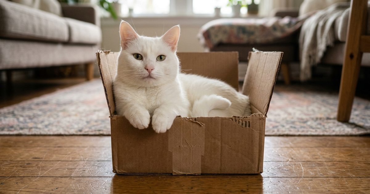 A solid white cat with short fur and pale blue eyes sitting contentedly inside a cardboard box on a living room floor