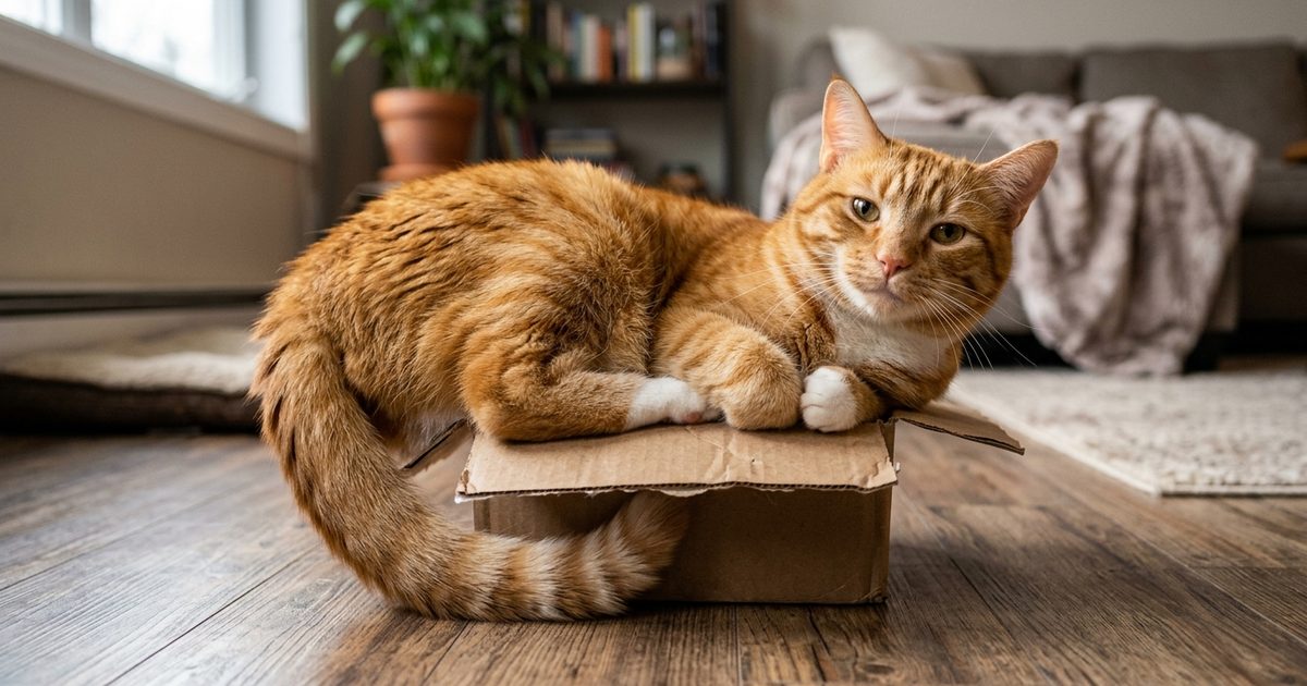 A ginger orange tabby cat with classic mackerel stripe markings cramming itself into a cardboard box that is too small, half its body hanging out, looking happy and determined on a living room floor