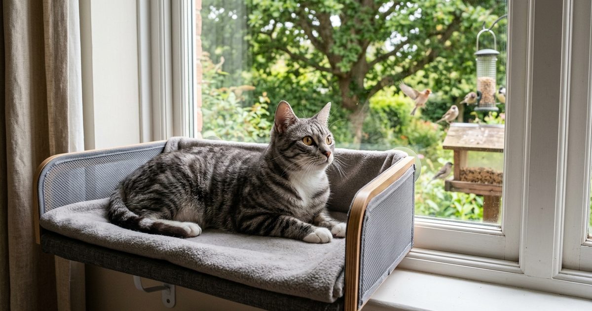 A gray tabby cat lounging in a window perch box, watching birds outside with alert focused eyes, soft natural daylight