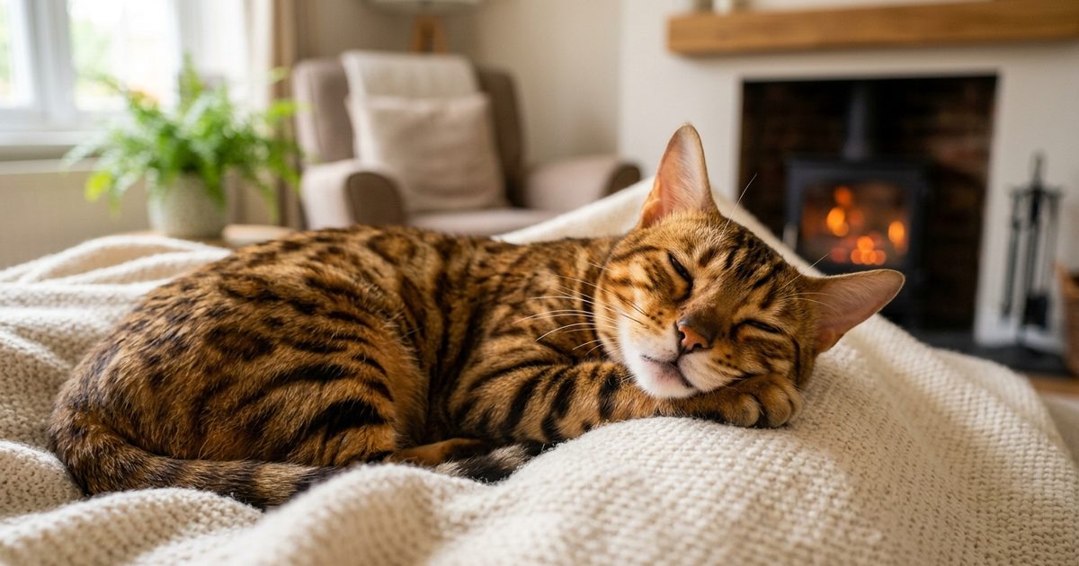 A Bengal cat with a wild spotted golden-brown leopard-like coat, purring contentedly with eyes half-closed, relaxed on a soft cream blanket, mouth slightly open in a purr