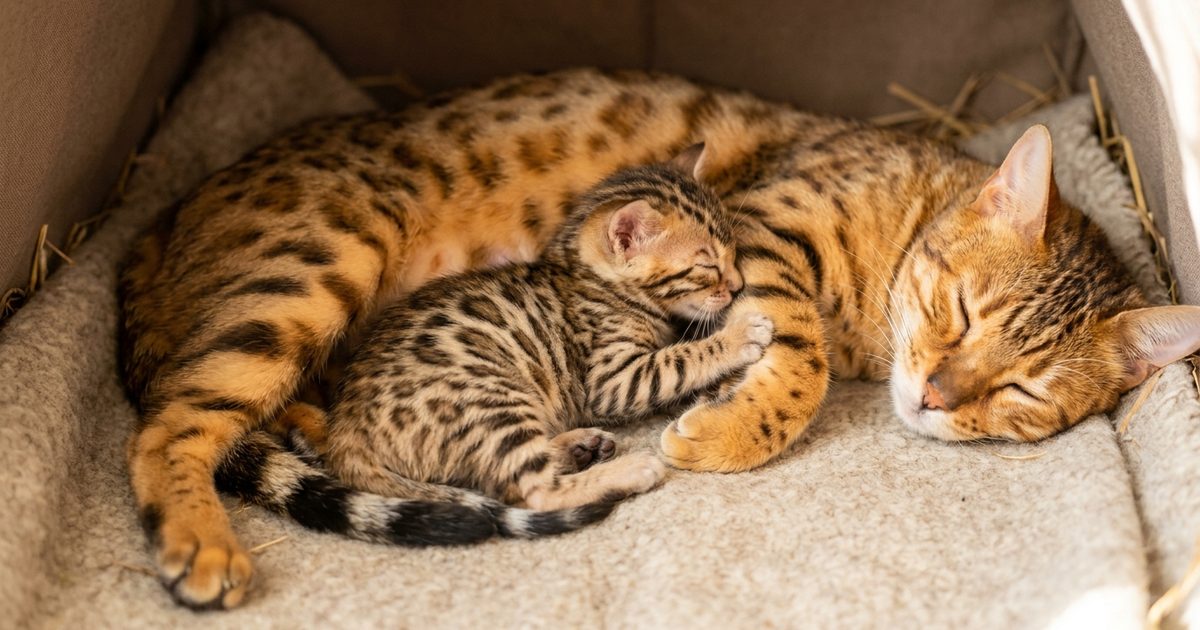 A small Bengal kitten with spotted fur purring while nursing against its mother cat's belly, tender intimate scene