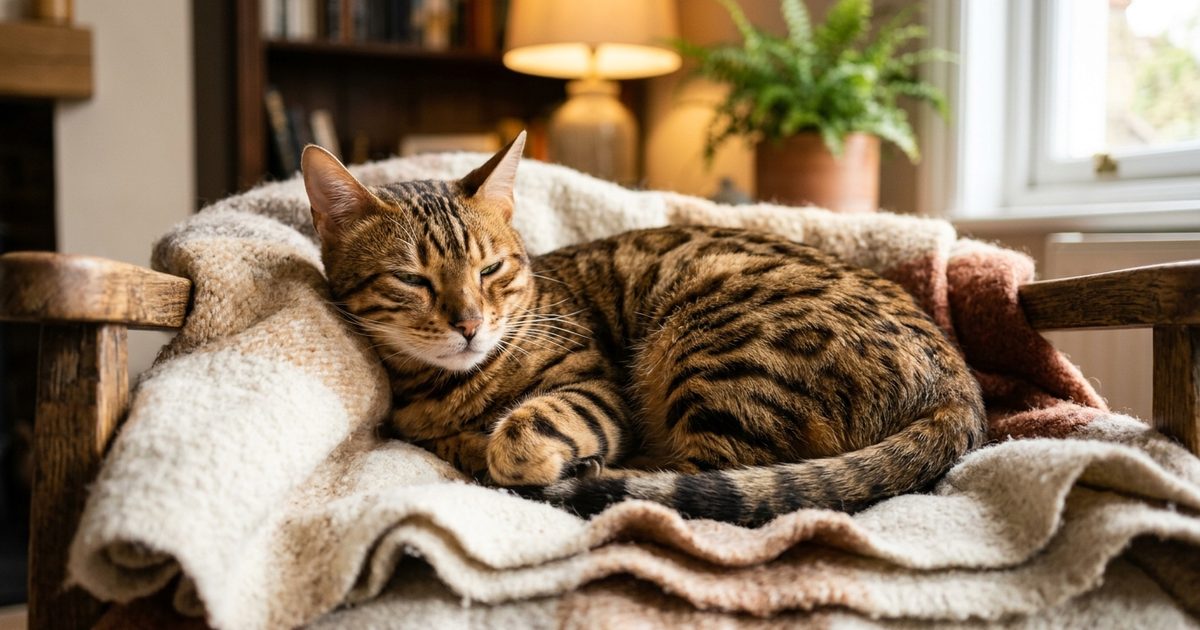 A Bengal cat with leopard-like spots and a rosetted golden-brown coat, resting quietly on a soft blanket, content with eyes half-closed