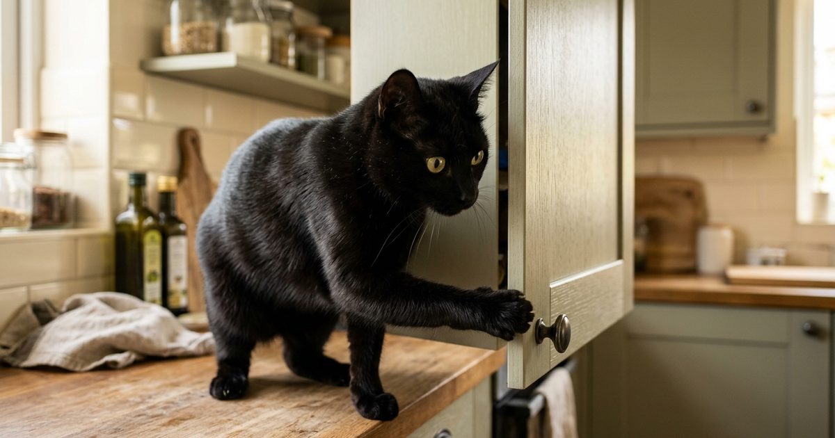 A sleek solid black cat with golden-green eyes hooking its paw under a slightly open kitchen cabinet door, curious and intent expression, warm domestic kitchen in soft afternoon light