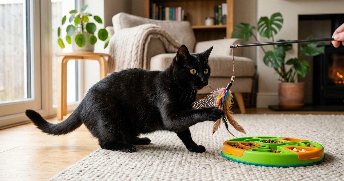 A black cat contentedly playing with a feather wand and a puzzle feeder, happy expression, cozy home setting