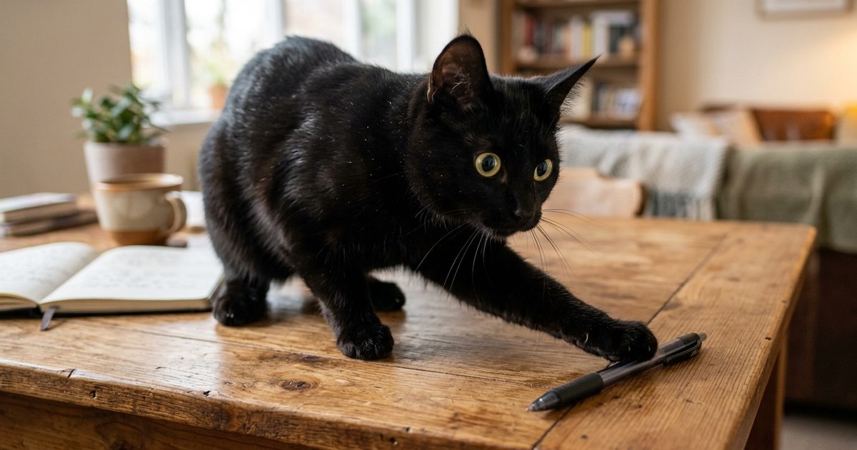 A sleek solid black cat with large golden-green eyes pawing a pen near the edge of a wooden desk, warm afternoon window light, playful curious expression