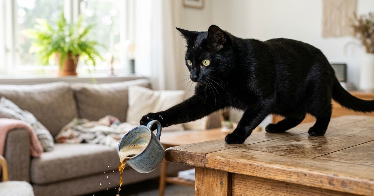 A sleek black cat with golden-green eyes batting a small ceramic mug off a wooden table edge mid-action, alert and playful expression, bright airy living room with soft afternoon light