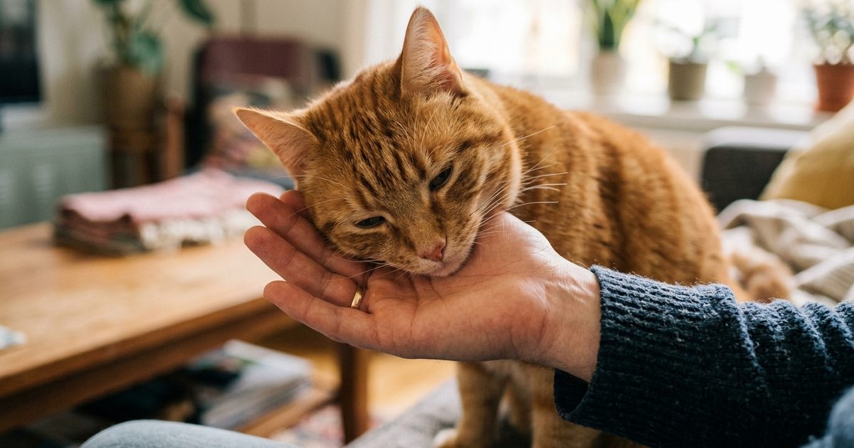 An orange tabby cat headbutting and bunting its owner's open hand with soft half-closed eyes showing trust and affection