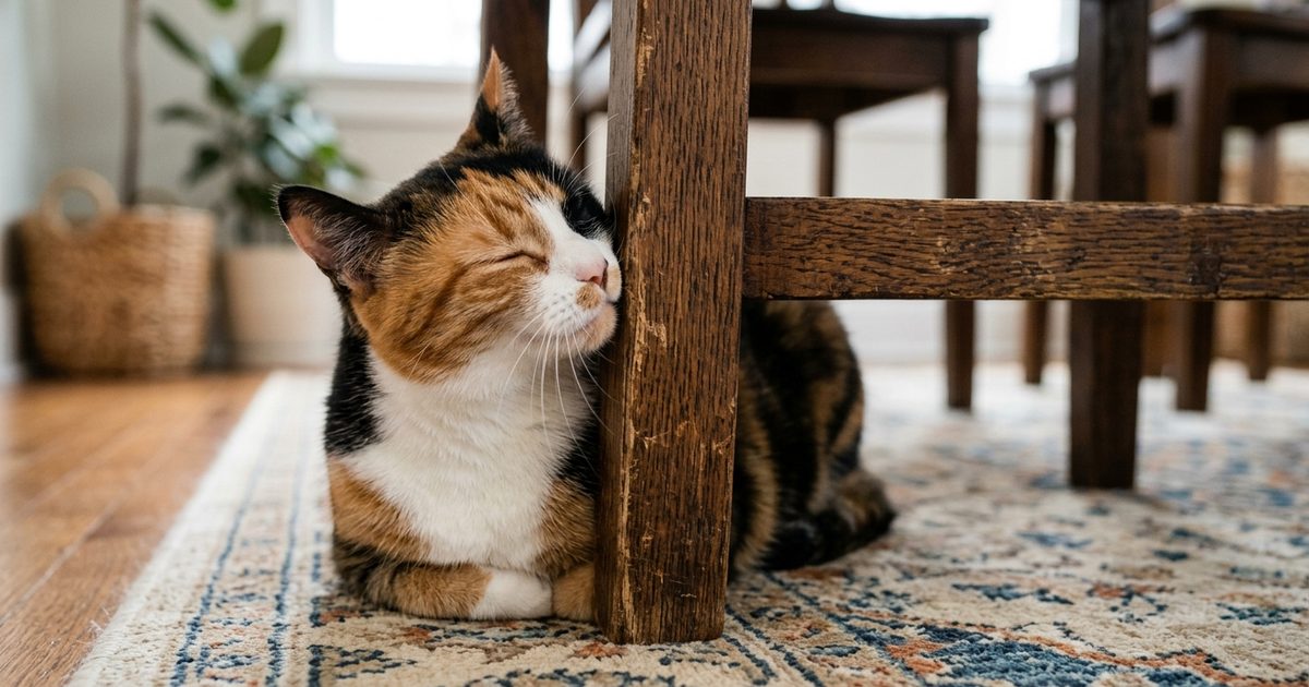 Calico cat cheek-rubbing the corner of a wooden chair, eyes relaxed, marking the furniture with scent from its cheek glands