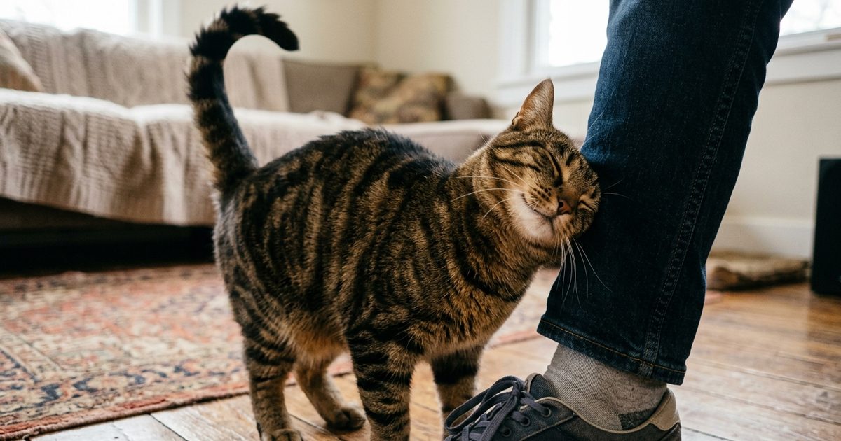 A brown tabby cat with bold black stripes rubbing its cheek against its owner's ankle, tail raised high in a friendly greeting