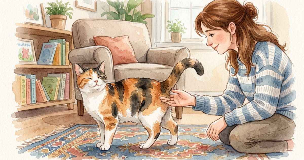 A calico cat with distinct patches of orange, black, and white fur leaning gently into a person's extended hand near the base of the tail, eyes half-closed in contentment, warm watercolor storybook illustration