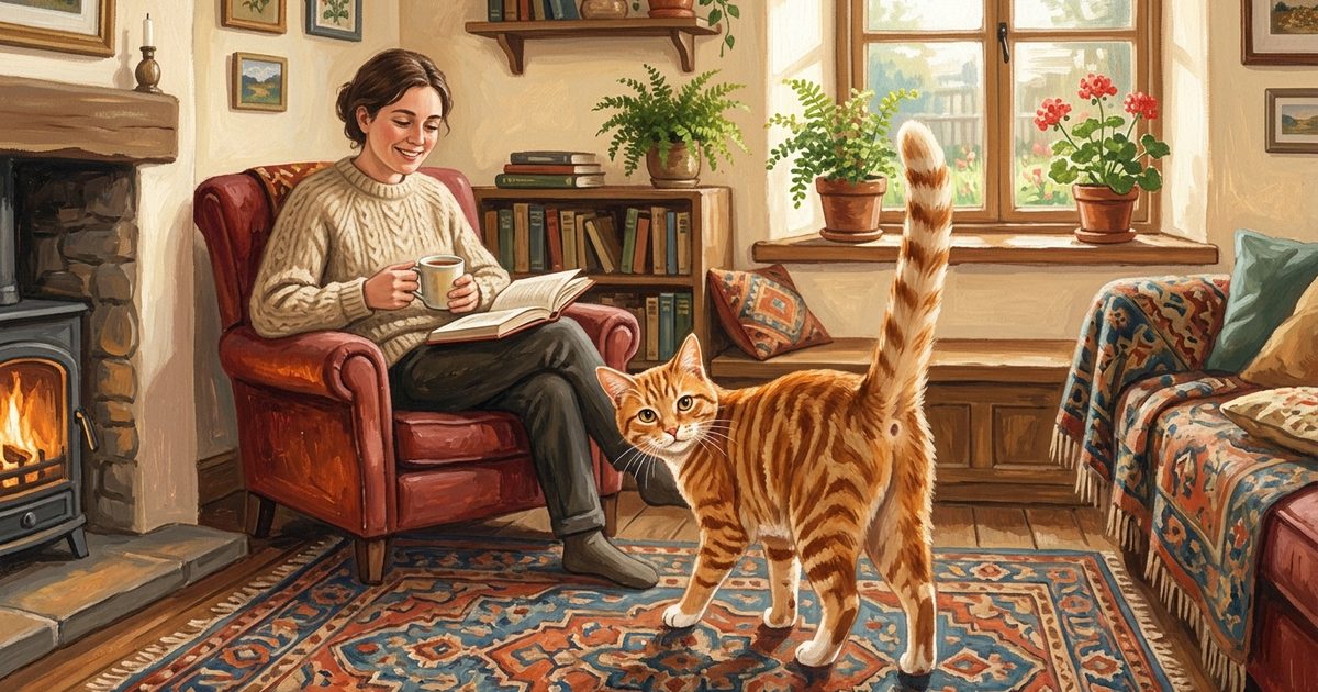 A ginger orange tabby cat with classic mackerel stripe markings mid-turn with tail raised straight up, presenting its rear toward a seated person, friendly and expectant, warm gouache painting