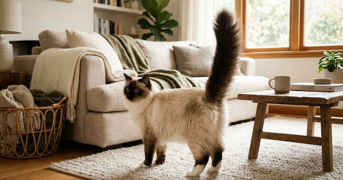 A Ragdoll cat with long silky cream fur and a dark brown colorpoint face, ears and paws, striking blue eyes, tail raised high and vertical, presenting its rear toward the viewer in a warm cozy living room, relaxed and trusting