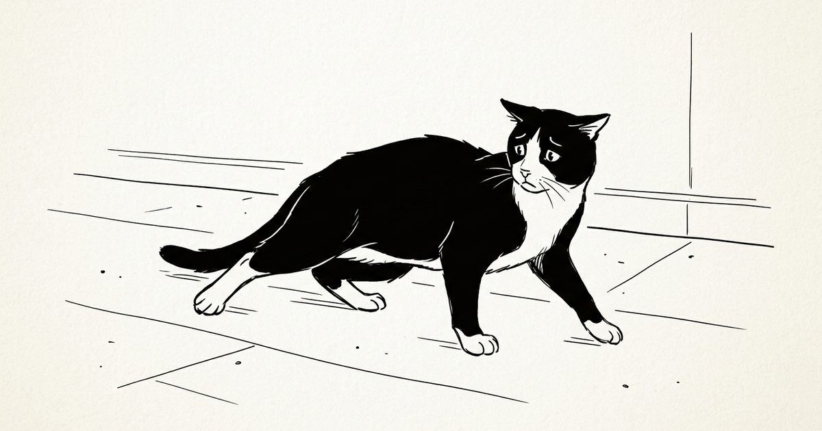 A tuxedo cat with a black coat and white chest and paws in minimalist ink line work, scooting its rear along the floor with a slightly strained posture, sparse background, simple explainer-diagram aesthetic