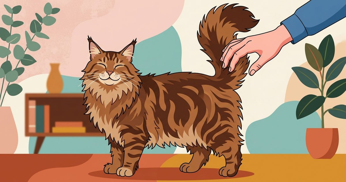A large Maine Coon with long fluffy brown tabby fur and tufted ears, tail raised high, leaning contentedly into a gentle two-finger scratch at the base of its tail, flat modern vector illustration in warm muted tones