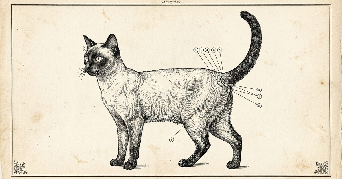 A Siamese cat with cream body and dark seal-brown points, tail raised, fine scientific anatomical engraving with callout markers on the tail-base and perianal scent glands, science-authoritative vintage encyclopedia plate