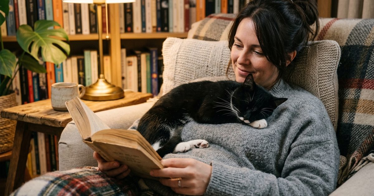 A tuxedo cat with a black coat and white chest, paws, and whiskers asleep on its owner's chest while the owner reads a book, both relaxed in a cozy reading nook