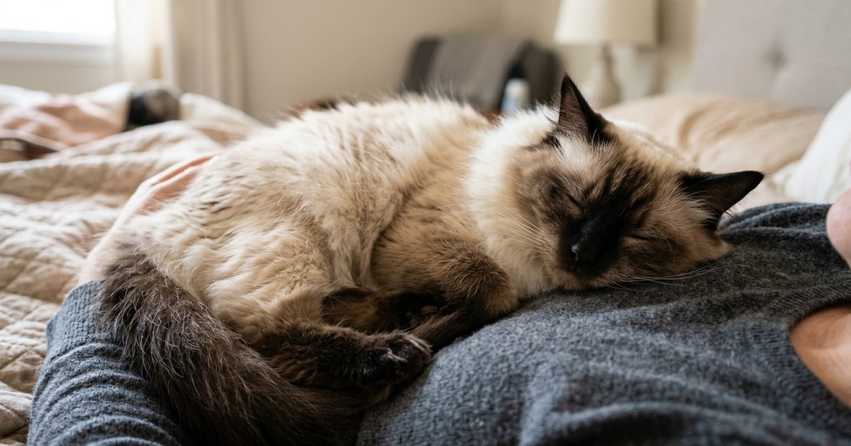 A cream-colored Ragdoll cat with dark brown colorpoint ears and paws curled up asleep on its owner's chest, eyes closed, peaceful and deeply relaxed