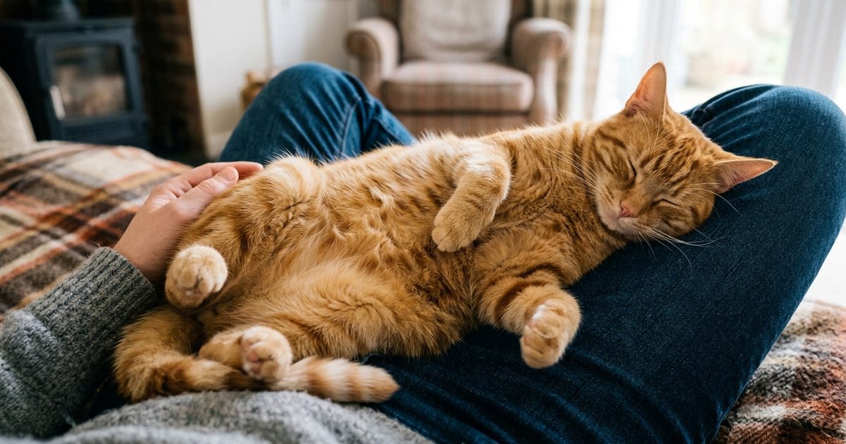 A ginger orange tabby cat with classic mackerel stripe markings asleep in a lap with its belly exposed and completely relaxed, full trust posture