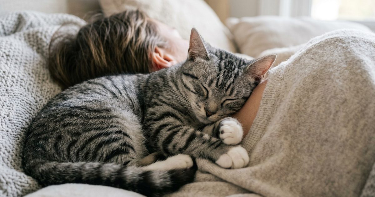 A gray tabby cat with dark charcoal stripes on a silver-gray coat and white paws nestled into the crook of a sleeping person's neck, cozy and warm, eyes closed