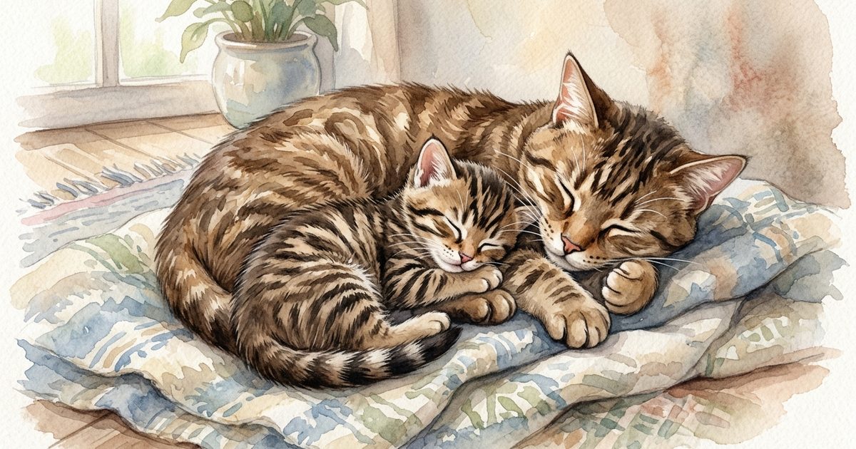A small brown tabby kitten with bold black stripes curled asleep against its sleeping mother, both deeply relaxed, tender warm hand-painted watercolor storybook scene