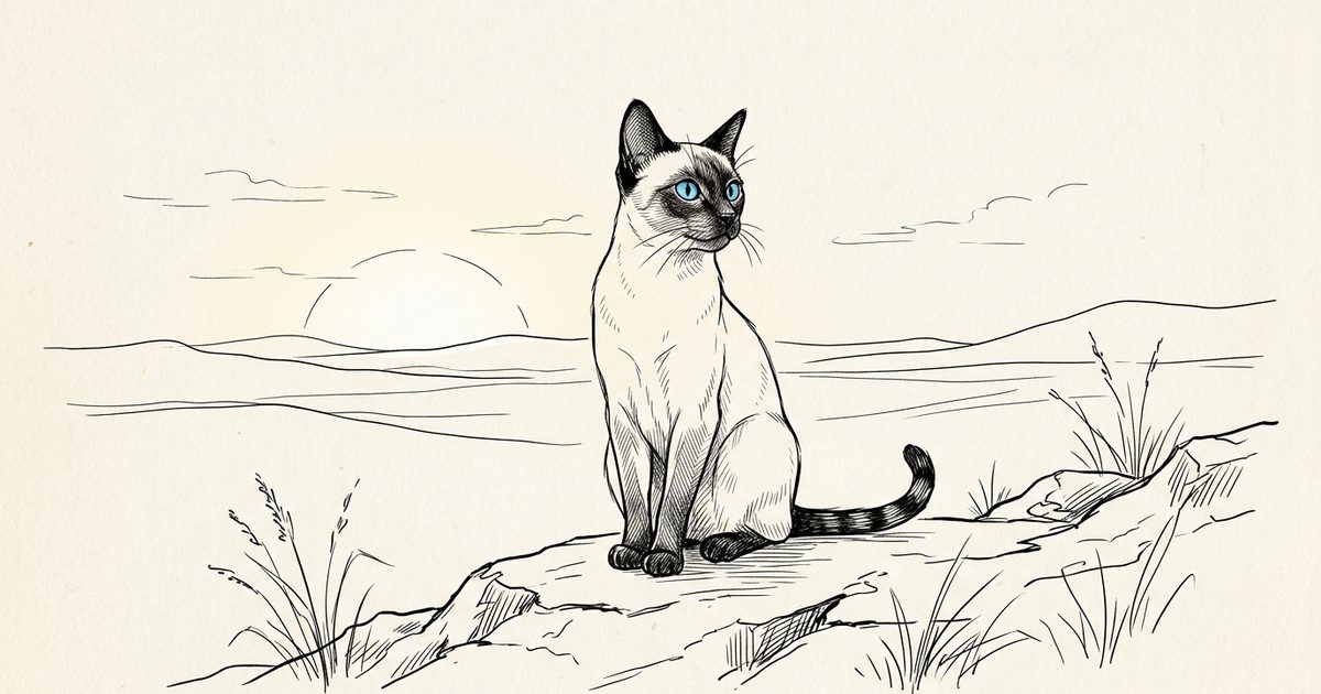 A Siamese cat with a cream body and dark seal-brown points and bright blue almond eyes, alert and poised at dawn, minimalist dawn-line horizon, sparse elegant ink line-art