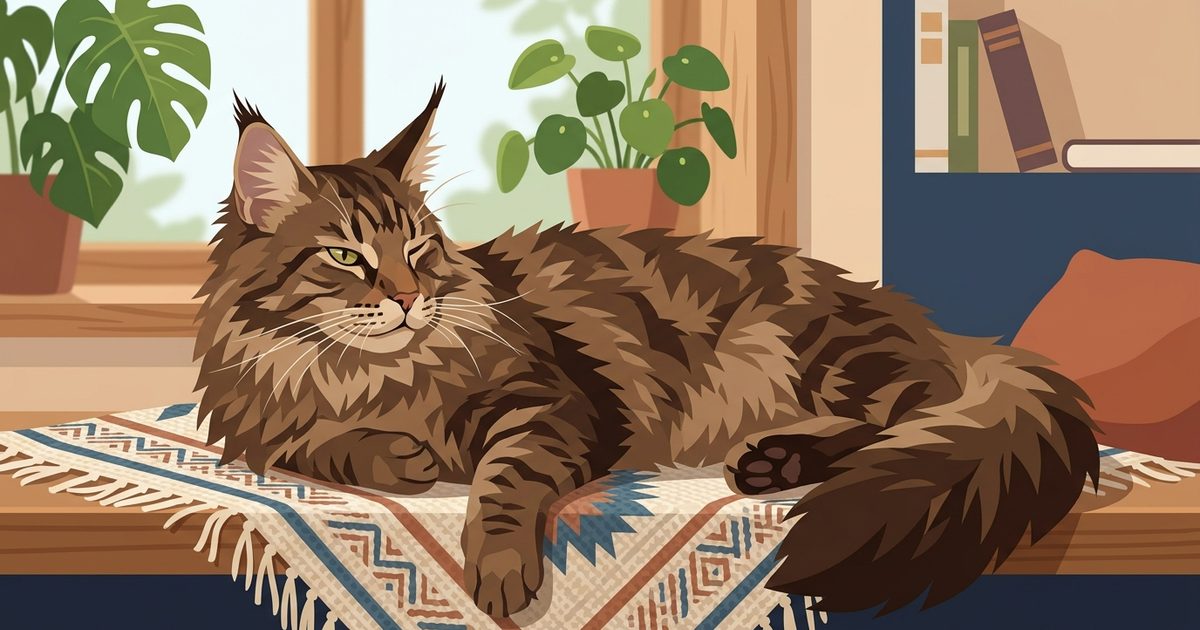 A large Maine Coon cat with long fluffy brown tabby fur and tufted ears, half-awake in a light doze with one eye cracked open and one ear swiveled