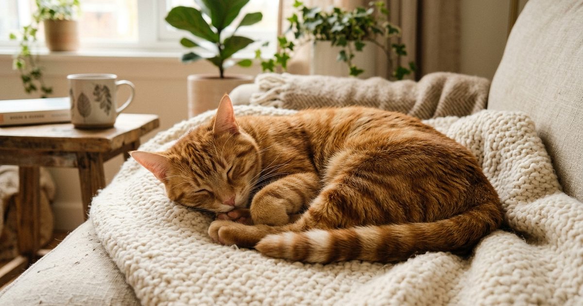 A ginger orange tabby cat with classic mackerel stripes, curled in a loose donut asleep on a soft beige blanket, paws tucked under its chin