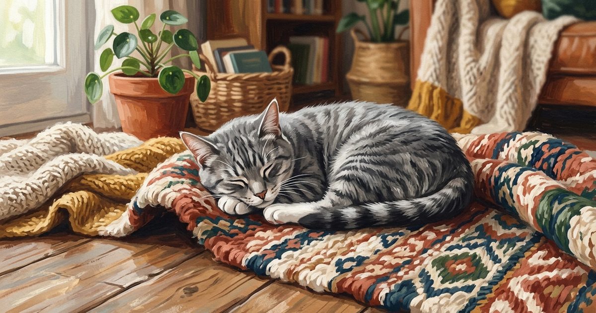 A gray tabby cat with dark charcoal stripes and white paws, curled in a peaceful loaf on a soft cream rug in warm afternoon light, eyes closed