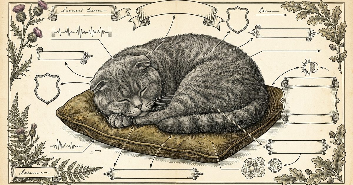 A Scottish Fold cat with distinctive folded-forward ears and a round gray-coated face, sleeping curled, annotated with delicate callout markers and fine engraved labels pointing to sleep facts, vintage encyclopedia botanical-plate engraving