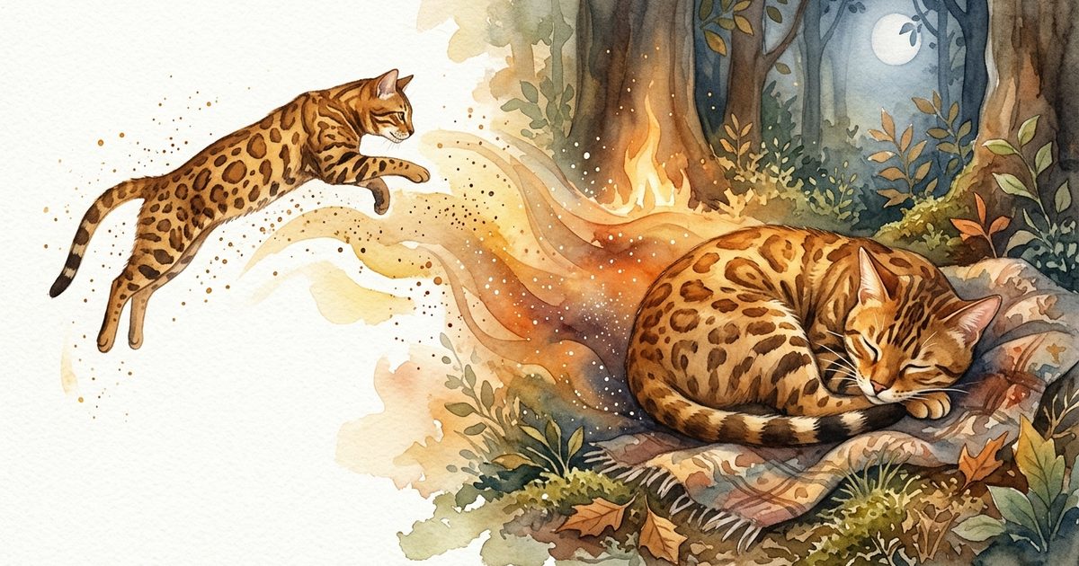A Bengal cat with a wild-looking spotted golden-brown coat shown mid-pounce, its leaping silhouette dissolving into a softly curled sleeping form as kinetic energy transforms into rest, warm hand-painted watercolor storybook illustration