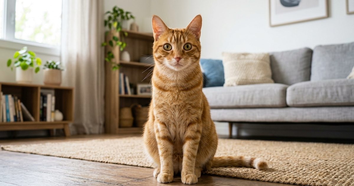 An orange tabby cat with classic mackerel stripe markings staring intently at the camera with alert curious eyes and ears pointed forward, warm cream belly visible, bright natural light