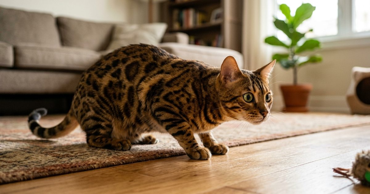 A Bengal cat crouched low and staring intently at a toy off-frame, dilated pupils and tense stalking posture showing the hunting-focus stare