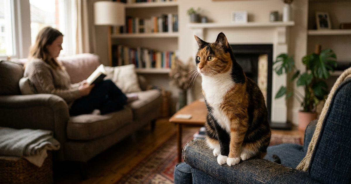 A calico cat sitting relaxed across the room watching its owner with a soft curious gaze, ears forward, tail curled calmly around its paws