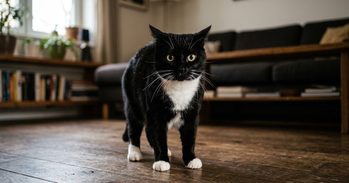 A tuxedo cat locked in a hard stare with stiff body and ears turned slightly back, tense warning posture on a neutral background