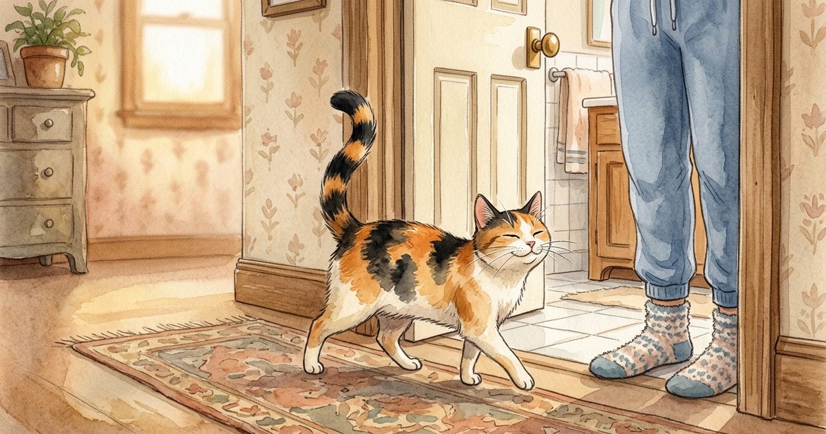 A calico cat with patches of orange, black and white slipping playfully through a partially open bathroom doorway, one paw lifted, ears forward, curious and determined