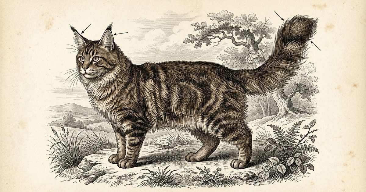 A large fluffy Maine Coon with tufted ears and paws and brown tabby coloring, standing regal and attentive in a vintage encyclopedia botanical-plate engraving with faint annotated callout markers