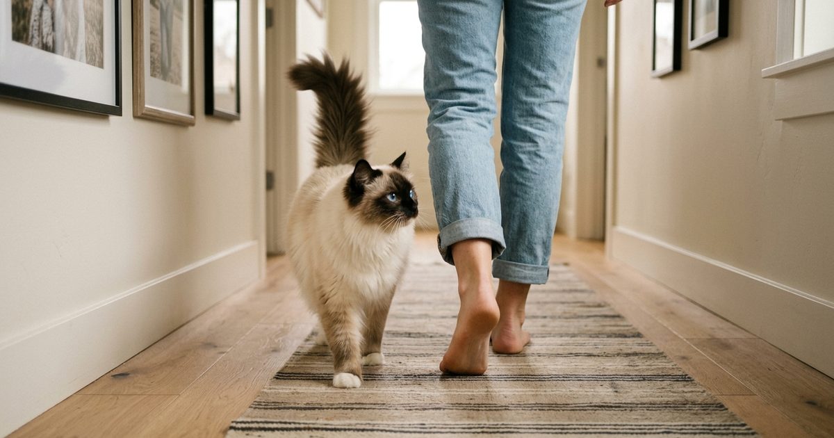 A cream-and-brown Ragdoll cat with striking blue eyes trailing closely behind a person's legs down a warm hallway, tail high, attentive and content