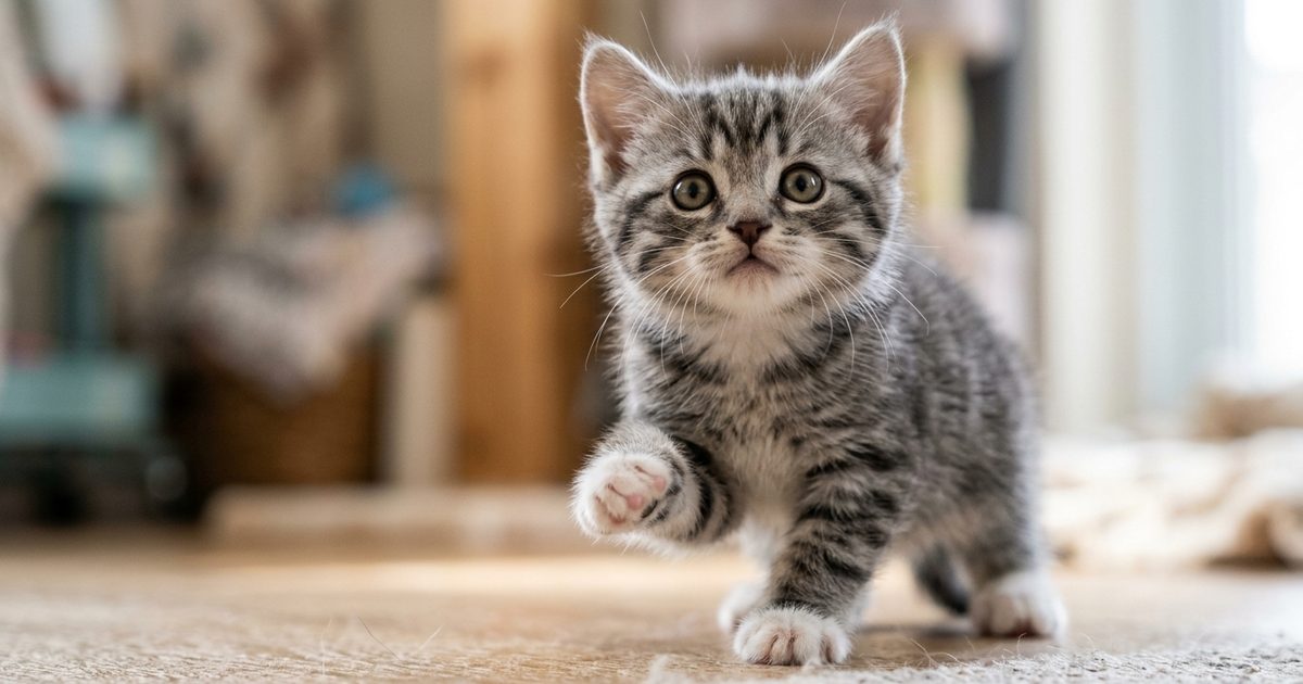 A small gray tabby kitten with dark charcoal stripes on a silver-gray coat and white paws, captured mid-step from below looking straight up with trusting wide eyes, macro close-up photograph
