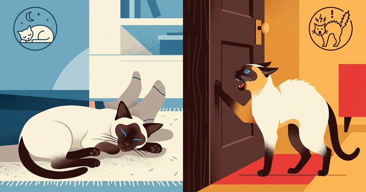 A Siamese cat with cream fur and dark seal-brown points lying peacefully beside its person's feet, relaxed and content, flat modern vector illustration