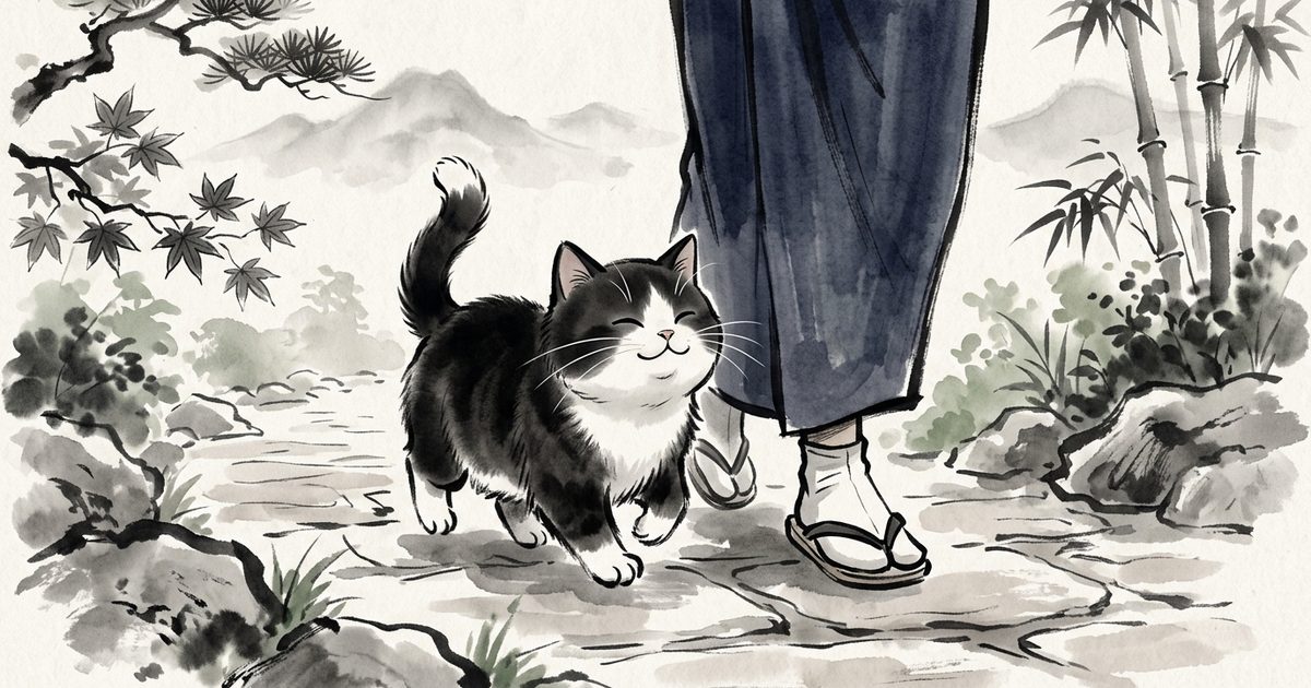 A tuxedo cat with black coat and white chest, paws and whiskers padding happily alongside a person's ankles, elegant Japanese sumi-e ink wash in kawaii style, warm companionable