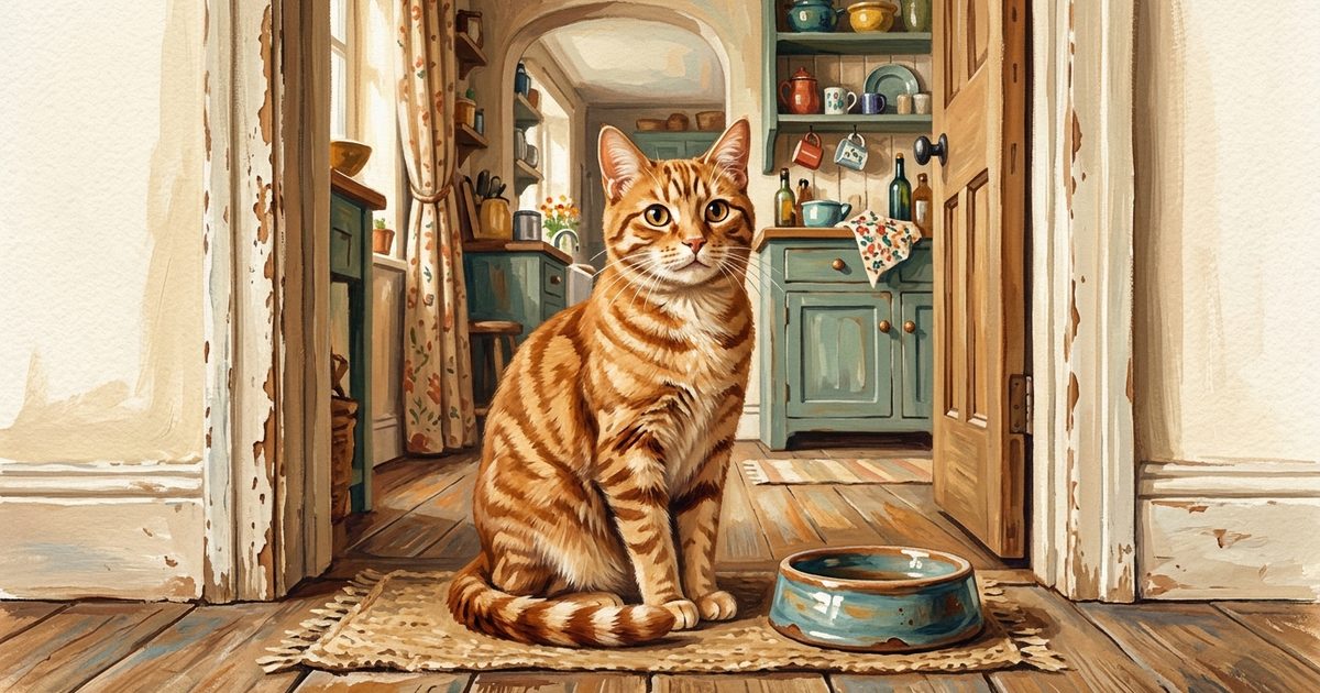 A warm orange tabby with classic mackerel stripes sitting upright and alert beside an empty ceramic food bowl in a kitchen doorway, expectant, hopeful, cozy gouache painting