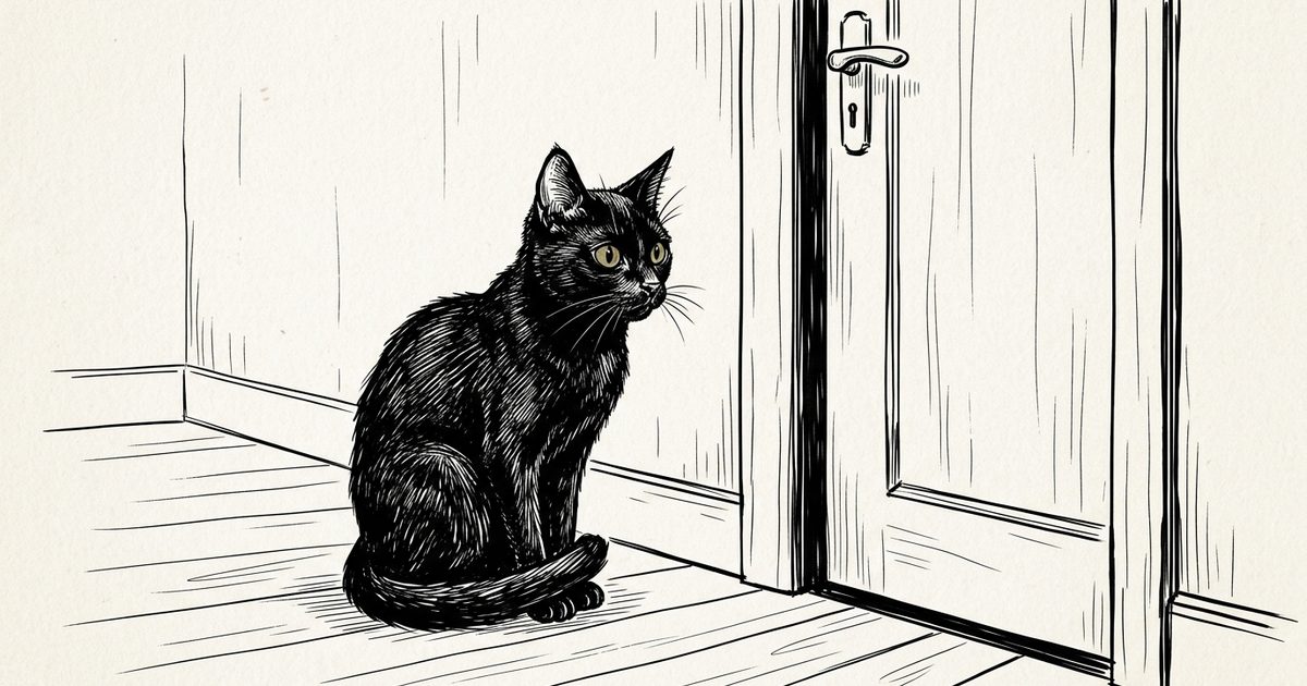 A senior black cat sitting tensely beside a closed door in a minimalist ink line-art sketch, ears slightly back, posture alert and waiting, sparse contemplative composition